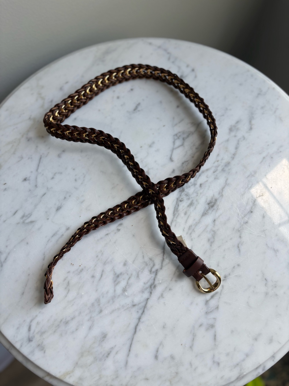 Banana Republic Brown Braided Chain Belt Gold Tone Leather Weave - Picture 2 of 6